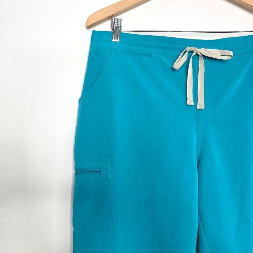 FIGS Yola Skinny Scrub Pants Large Teal Blue 11-Pocket Yoga Waist Straight Leg